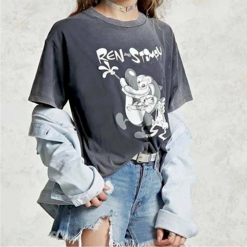 New Nickelodeon Ren and Stimpy Gray Graphic tee vintage T Shirt Distressed tee